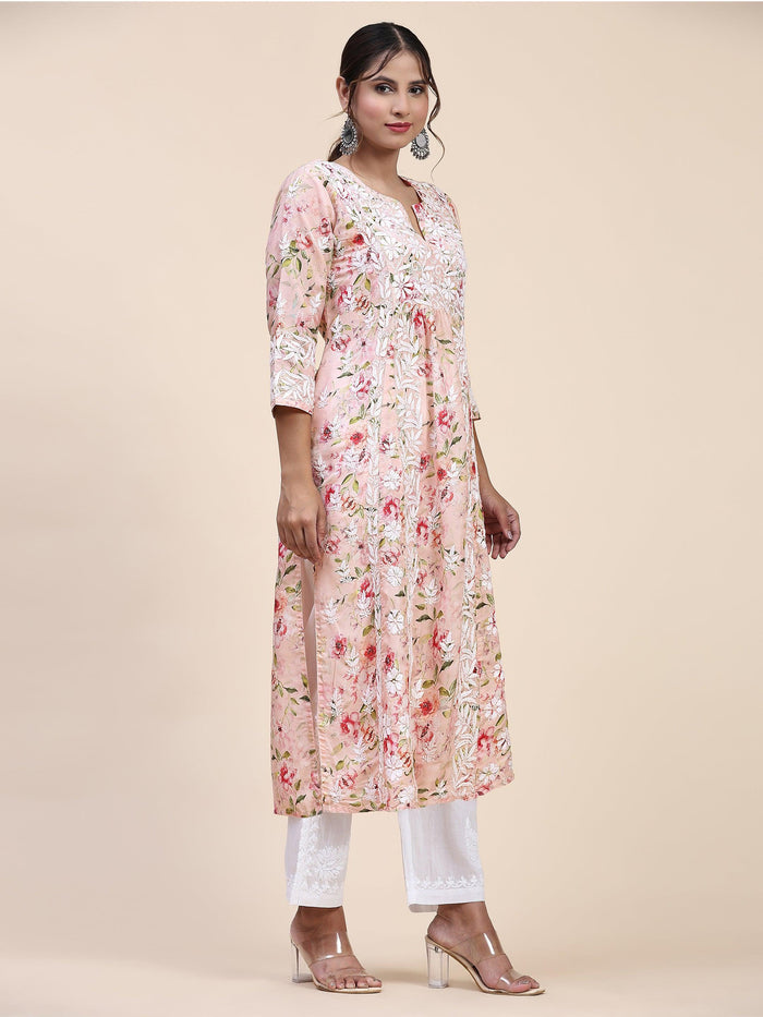 Fizaa Chikankari Long Kurta in Muslin Cotton for Women- Pink Print - House Of Kari (Chikankari Clothing)