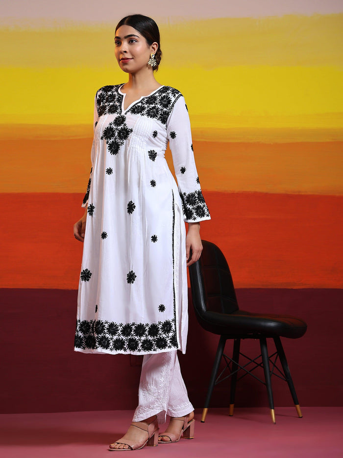 Samma Chikankari Long Kurta in Rayon Cotton for Women- White With Black - House Of Kari (Chikankari Clothing)