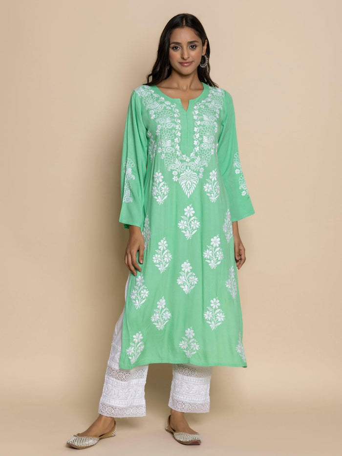 Fizaa Hand Embroidered Chikankari Kurta in Sea Green - House Of Kari (Chikankari Clothing)