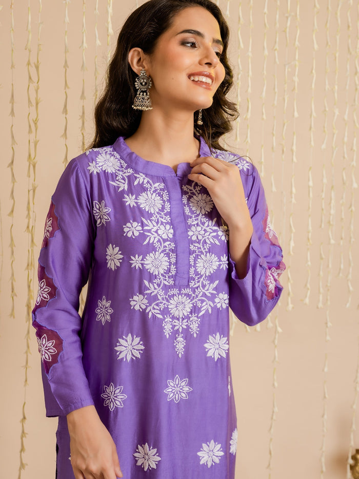 Fizaa Purple Chikankari Chanderi Silk Kurta Set