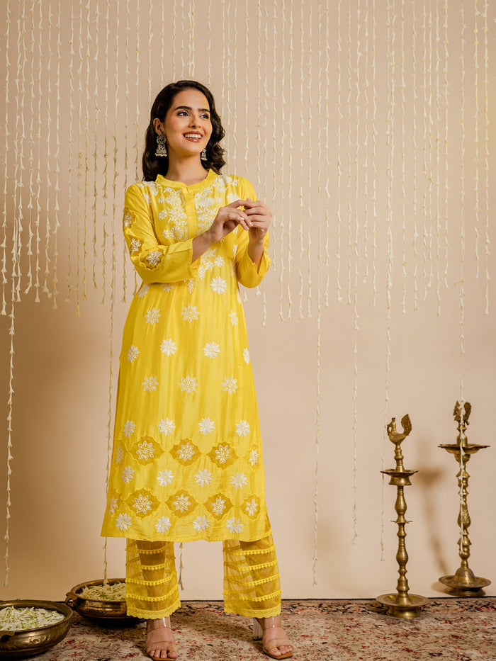 Fizaa Yellow Chikankari Chanderi Silk Kurta Set
