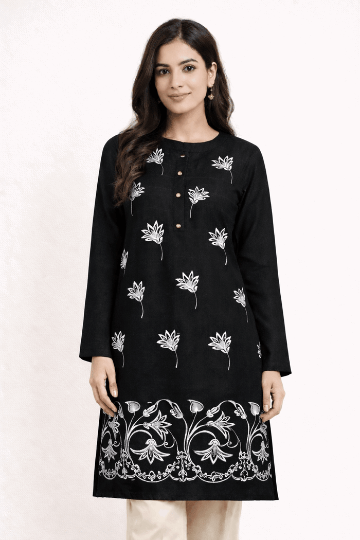 Floral Vine Embroidered Black Cotton Kurta - Nishat Creative Store