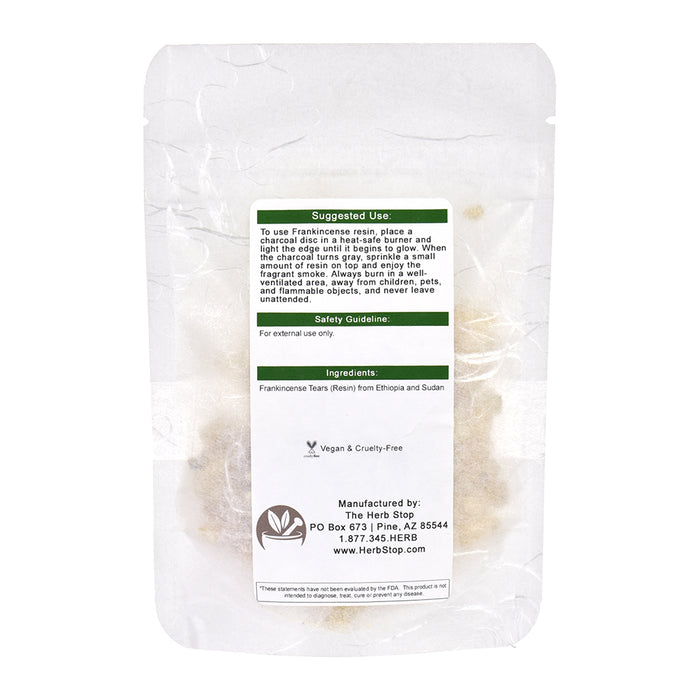 Frankincense Resin pieces in a white bag with suggested uses
