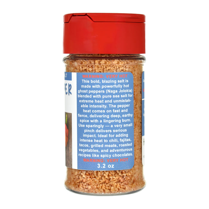 Ghost Pepper Salt jar with red lid and blue label on a white background