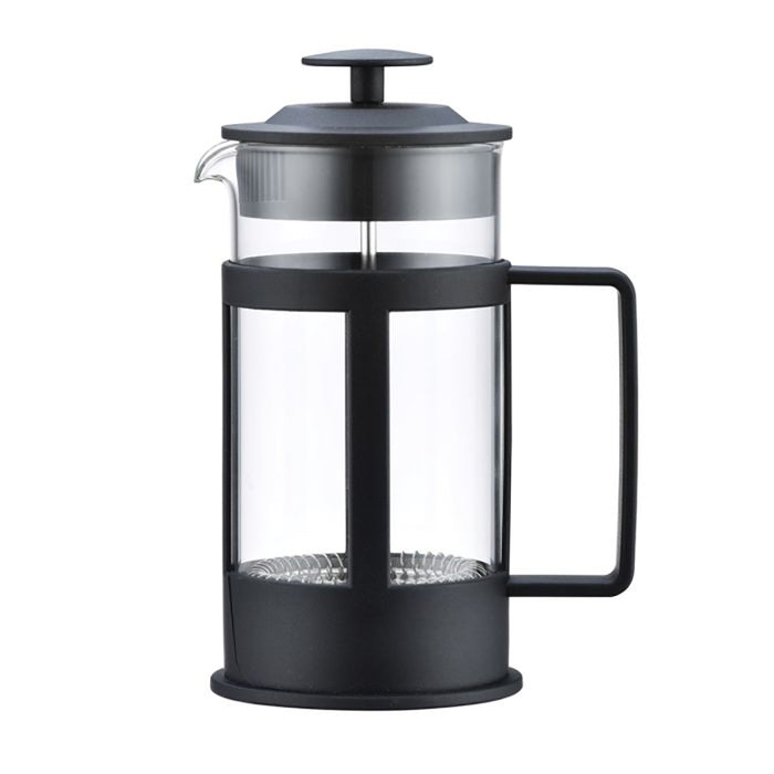 Black & glass French press on a white background