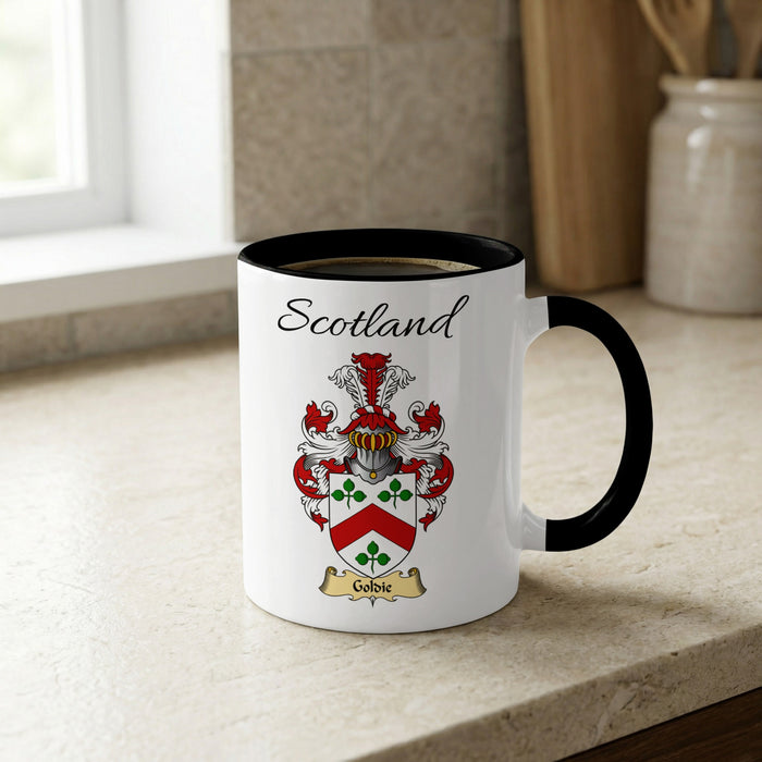 Goldie Scottish family crest accent mug with Scotland lettering and coat of arms artwork