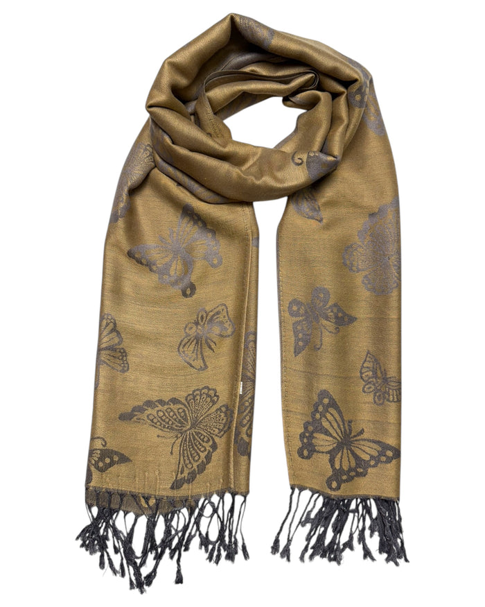 A grey and gold reversible pashmina scarf with a butterfly design, fringed ends, and a knotted tie at the center.