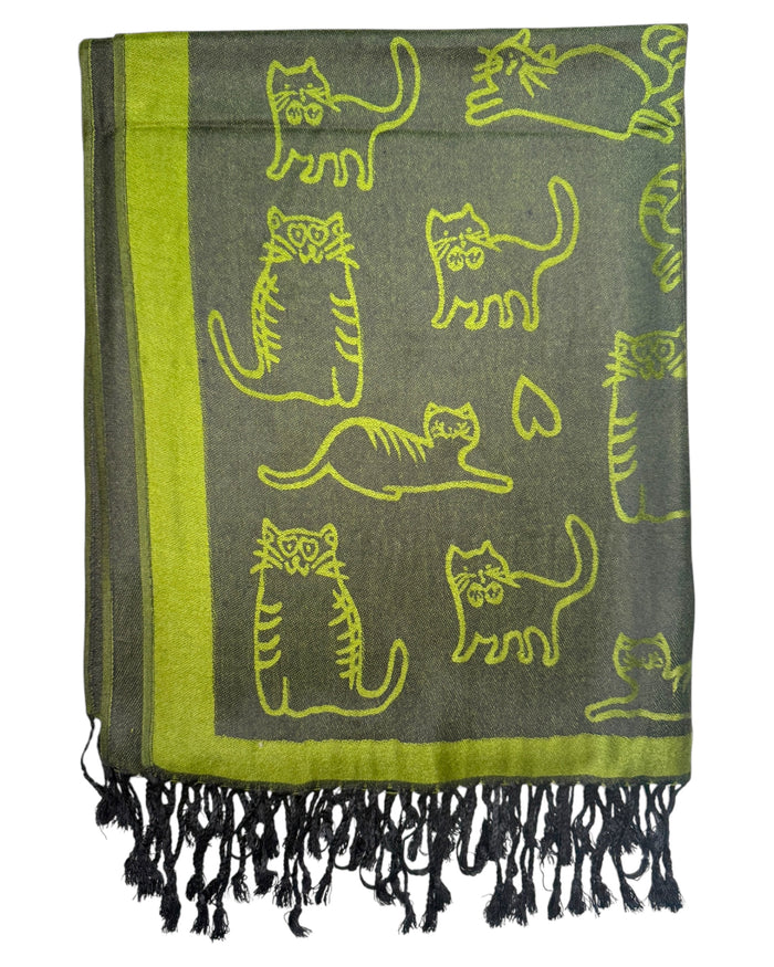Green scarf with black cat pattern and fringes on a white background