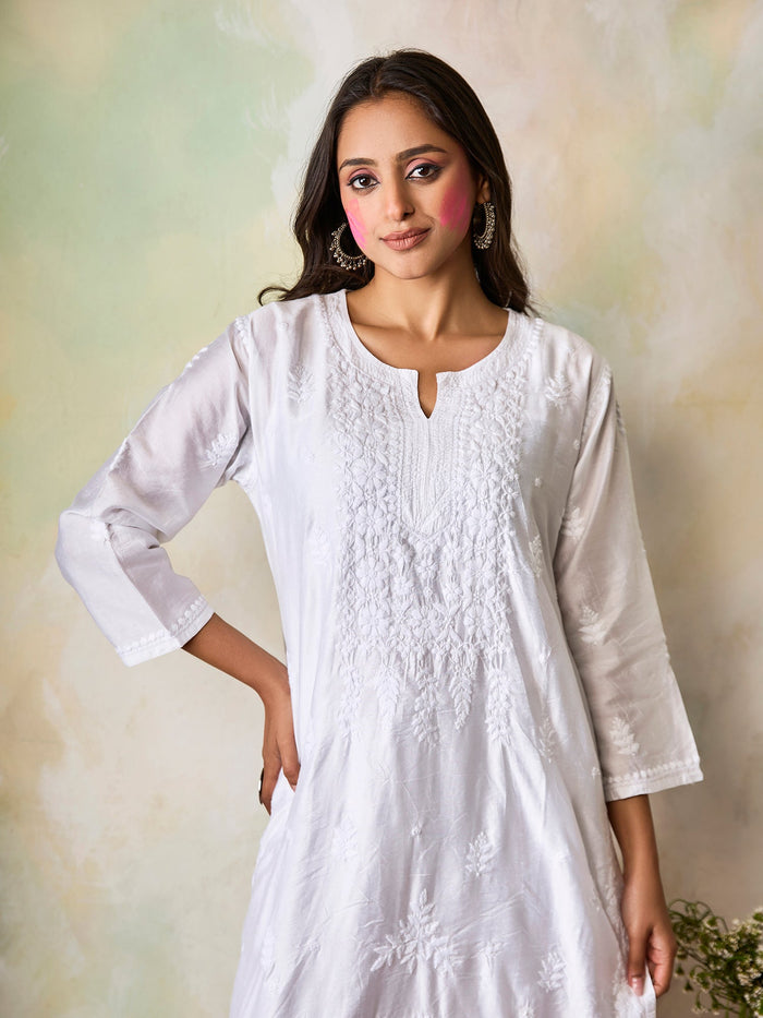 Hand Embroidery Chikankari Long Kurti for Women In Chanderi Silk  White-6