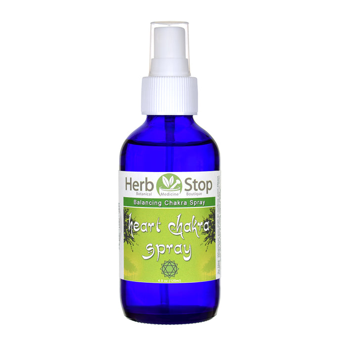 Spray bottle of Heart Chakra Spray in a blue bottle on a white background