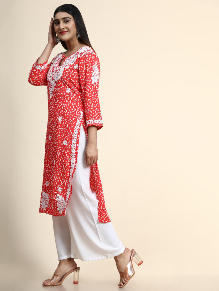 HOK Chikankari Fancy Long Kurti Orange - House Of Kari (Chikankari Clothing)