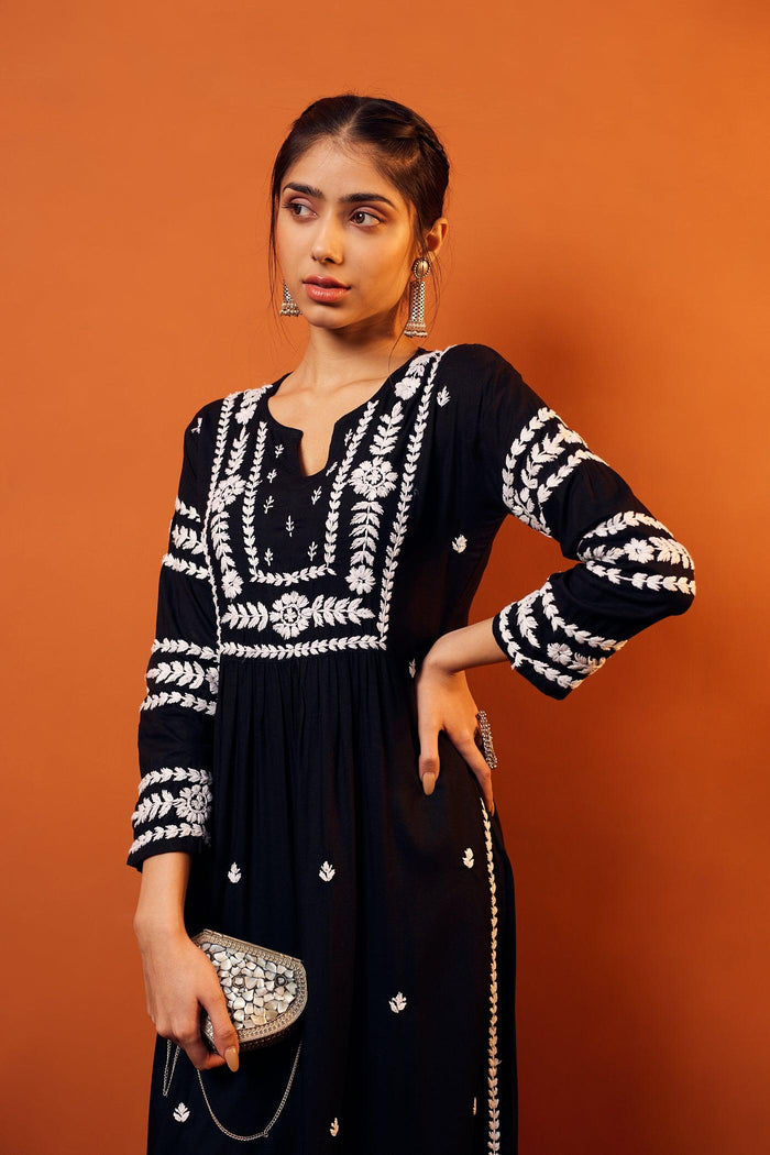 HOK chikankari Long Kurta in Rayon Cotton for Women- Black - House Of Kari (Chikankari Clothing)