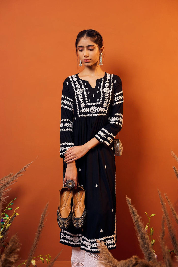 HOK chikankari Long Kurta in Rayon Cotton for Women- Black - House Of Kari (Chikankari Clothing)