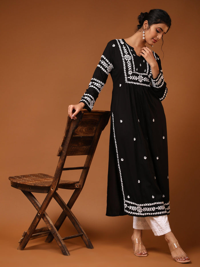 HOK chikankari Long Kurta in Rayon Cotton for Women- Black - House Of Kari (Chikankari Clothing)