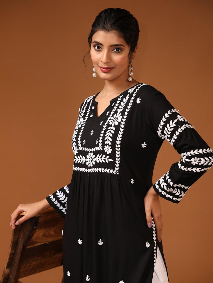 Black Chikankari Hand Embroidered Floral Printed Kurta
