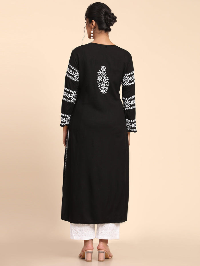 Black Chikankari Hand Embroidered Floral Printed Kurta