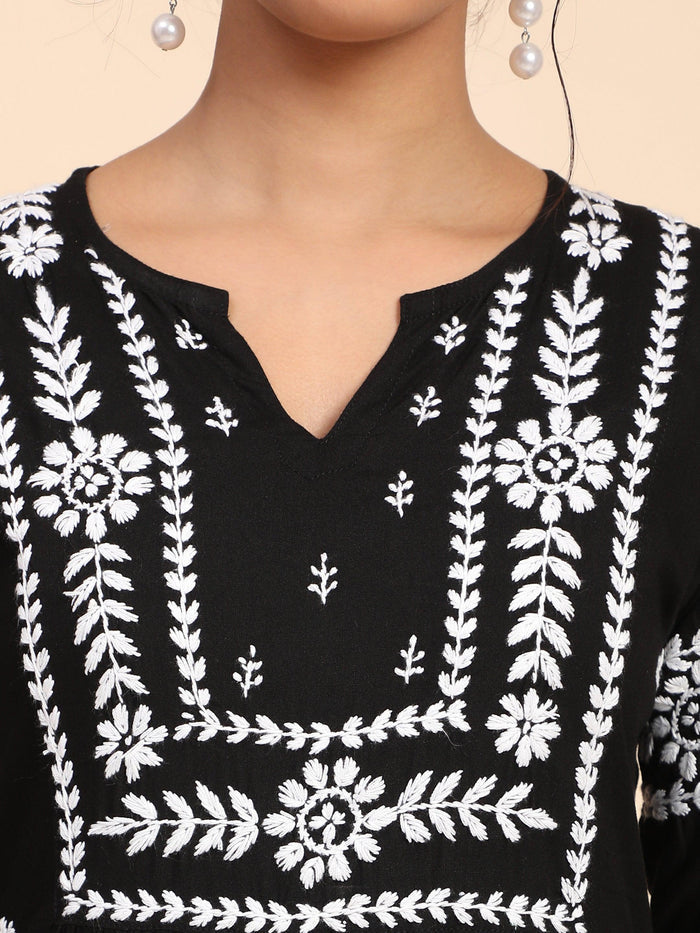 Black Chikankari Hand Embroidered Floral Printed Kurta