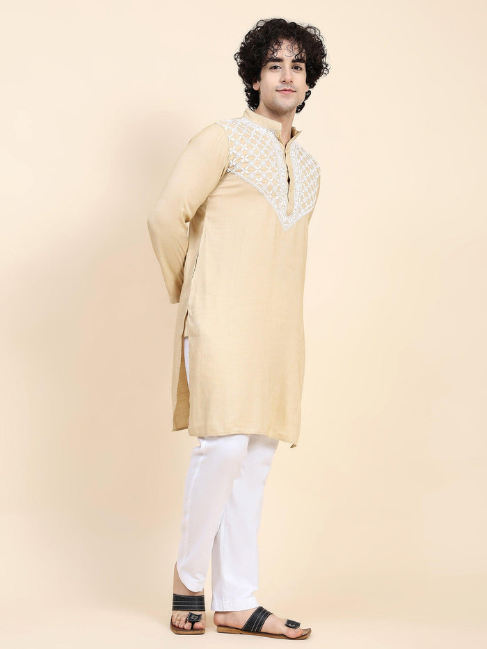 HOK Men's Chikankari Kurta in Cotton Silk Blend - Beige - House Of Kari (Chikankari Clothing)