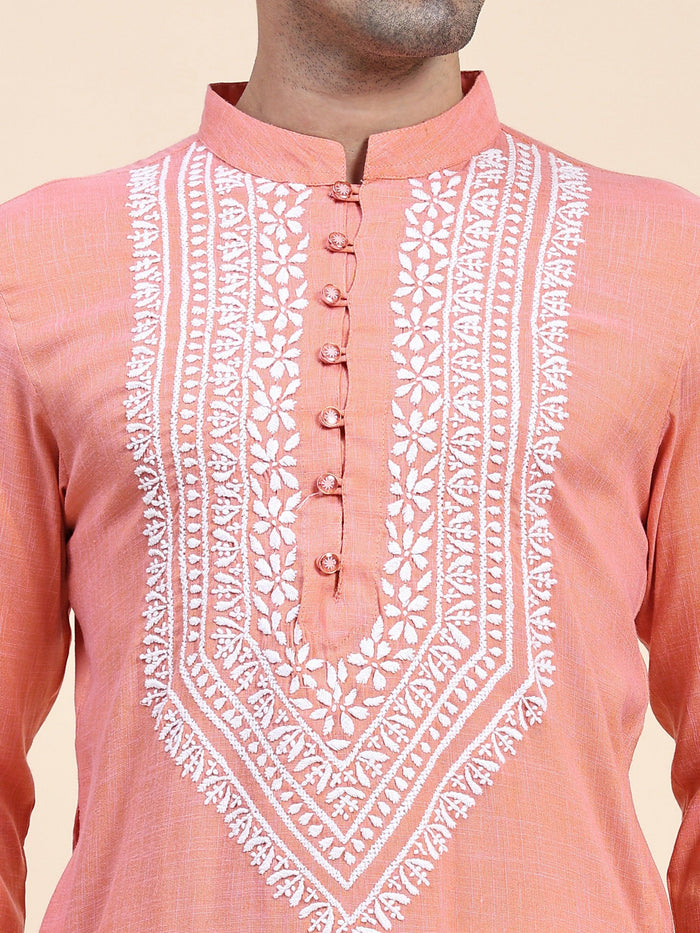 HOK Men's Chikankari Kurta in Cotton Silk Blend - Peach - House Of Kari (Chikankari Clothing)