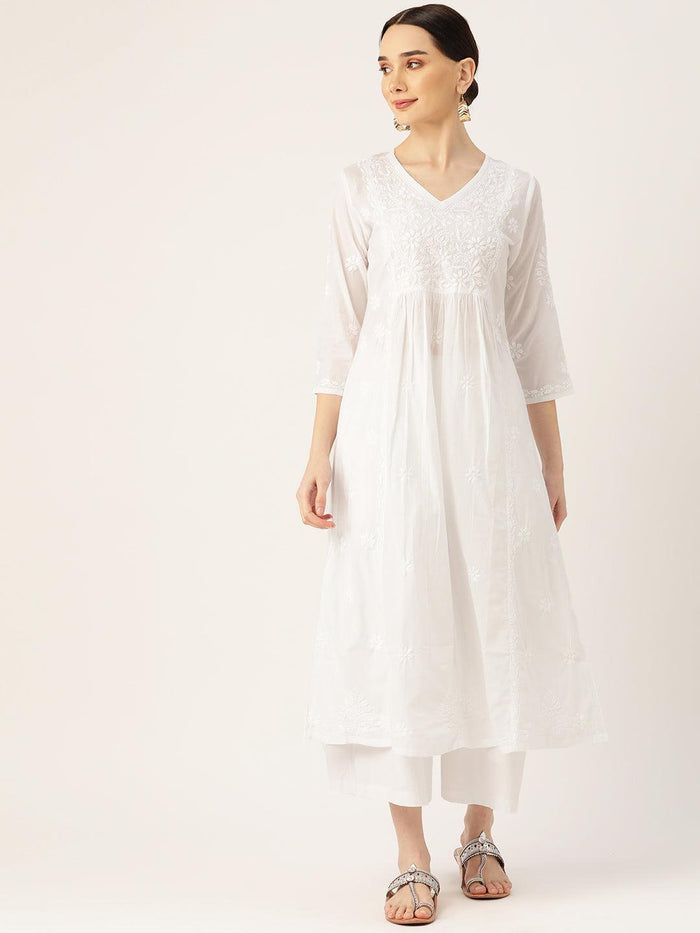 Ishita Dutta in Hand embroidery Chikankari Long Kurta-White - House Of Kari (Chikankari Clothing)