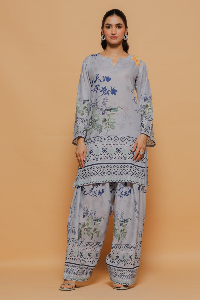 Ishita sandhu In Grey Printed Lawn Cotton Co-ord Set with Farsi Pants