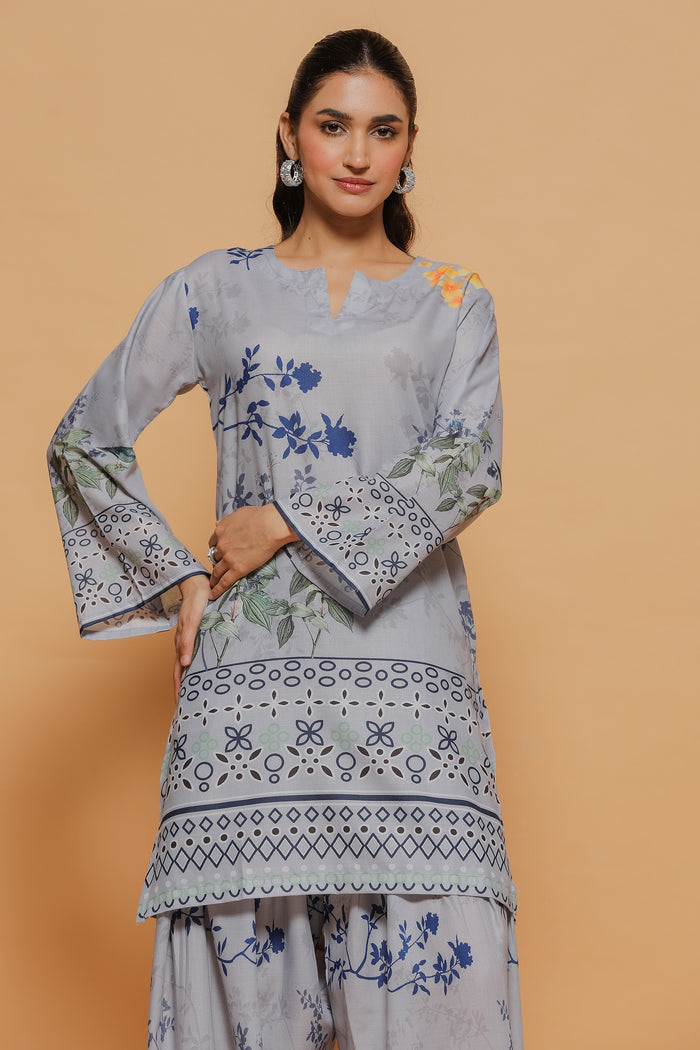 Ishita sandhu In Grey Printed Lawn Cotton Co-ord Set with Farsi Pants