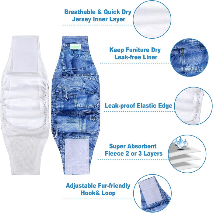 Jeans Washable Male Dog Diapers (Pack of 3) - Washable Male Dog Belly Wrap (X-Small)