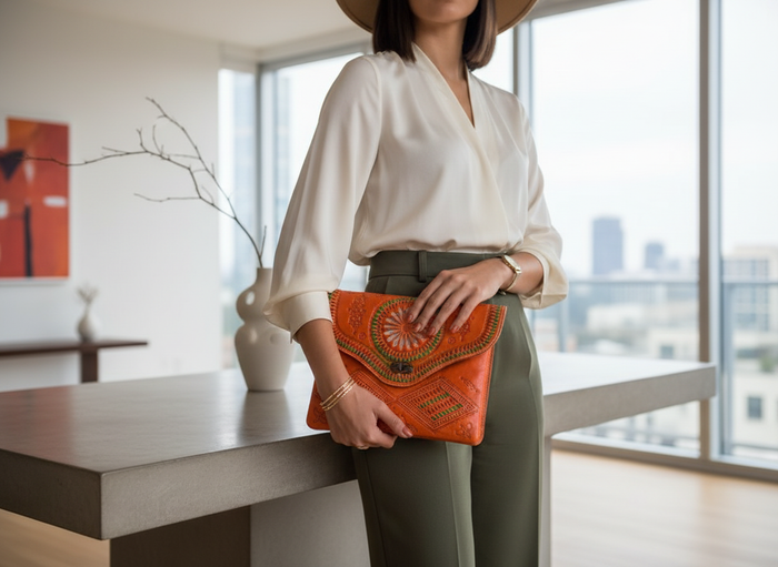 Jeblia Orange Leather Clutch with Model