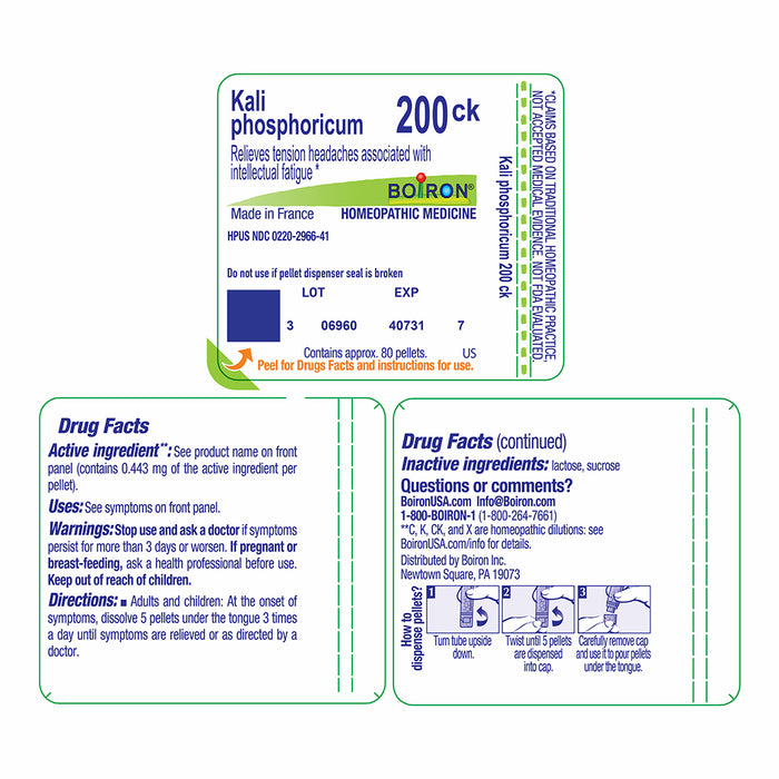A Boiron Kali phosphoricum 200ck homeopathic medicine blister card with two blue-and-white instruction panels below, on a white background.