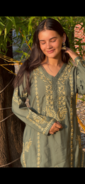 Kanchan in Saba Gold Zari Work Long Kurta In Muslin - Bottle Green