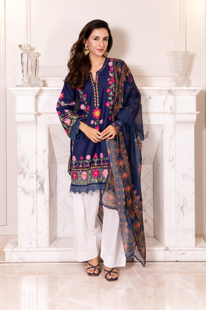 Kashmiri Aari Embroidered Kurta in Ruby Cotton - Navy Blue