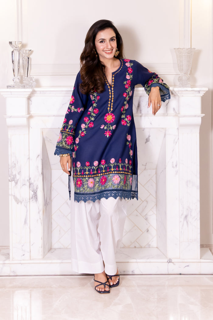 Kashmiri Aari Embroidered Kurta in Ruby Cotton - Navy Blue