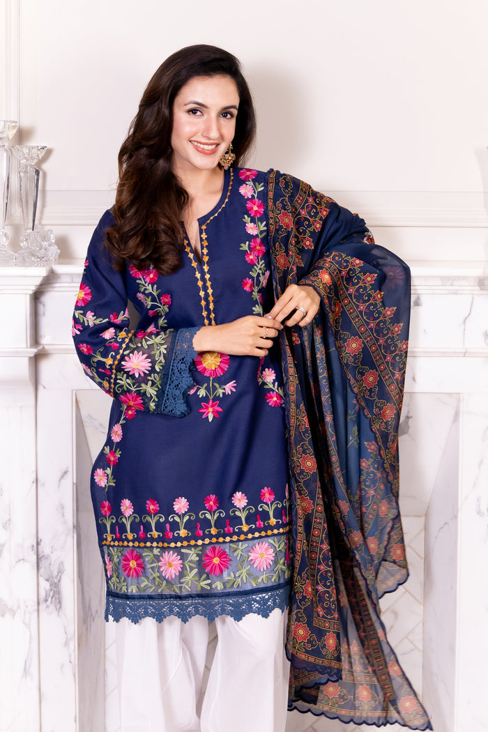 Kashmiri Aari Embroidered Kurta in Ruby Cotton - Navy Blue