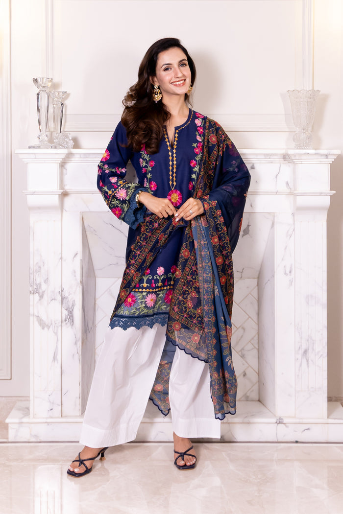 Kashmiri Aari Embroidered Kurta in Ruby Cotton - Navy Blue