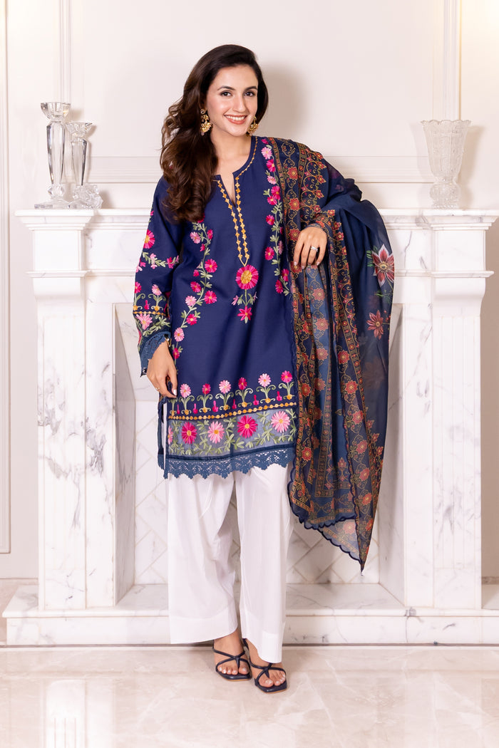 Kashmiri Aari Embroidered Kurta in Ruby Cotton - Navy Blue