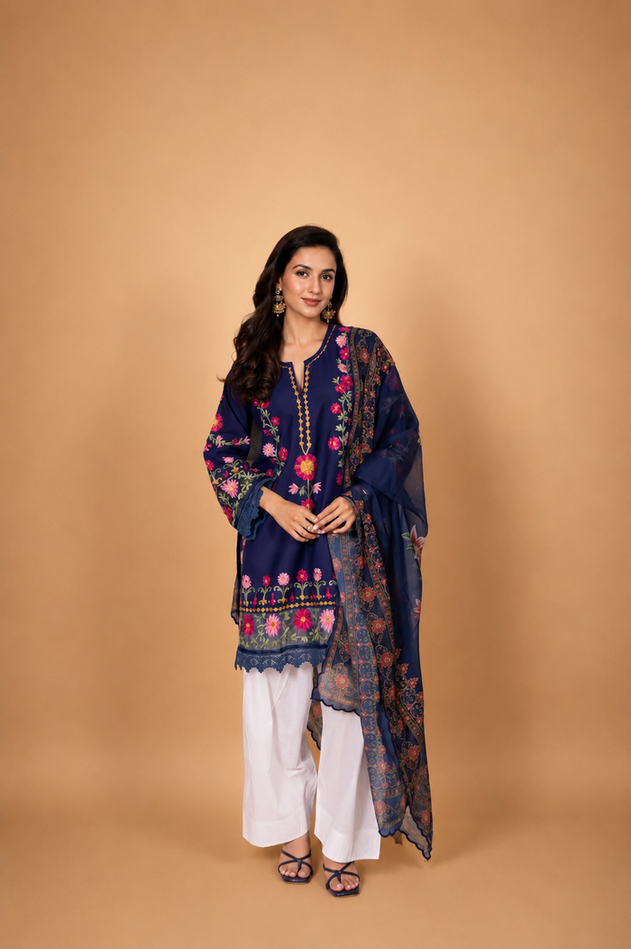 Kashmiri Aari Embroidered Kurta in Ruby Cotton - Navy Blue