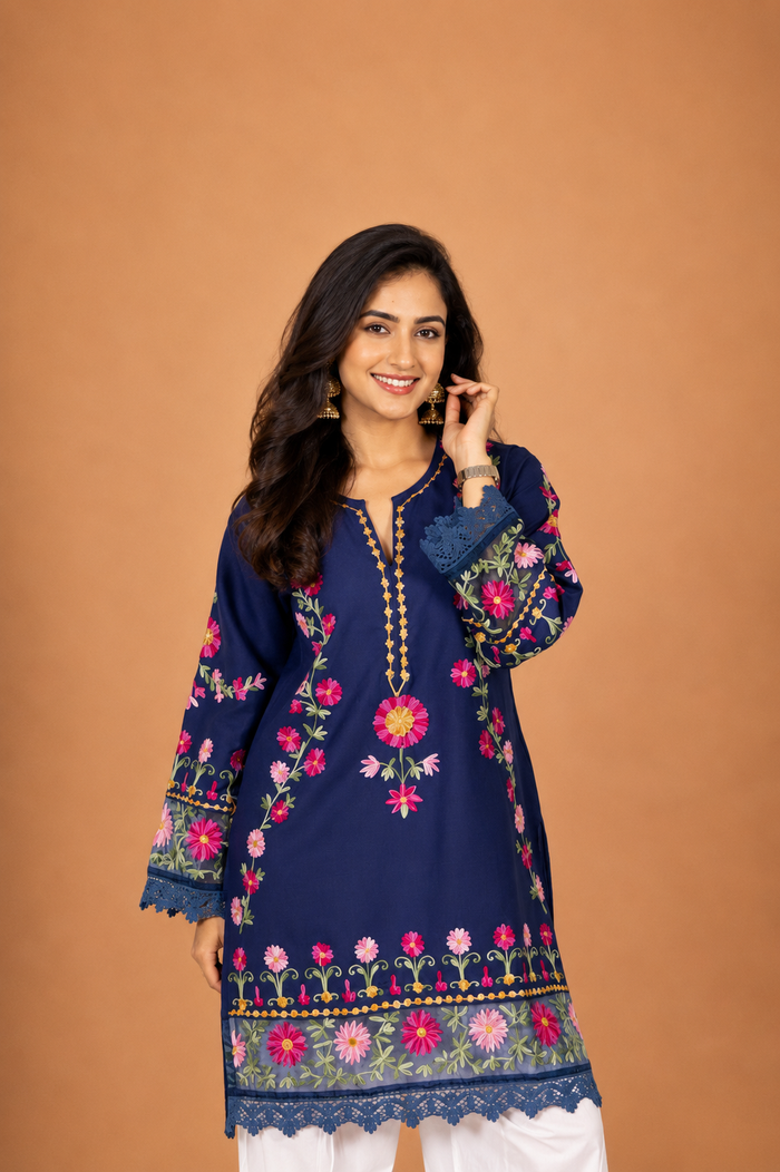 Kashmiri Aari Embroidered Kurta in Ruby Cotton - Navy Blue