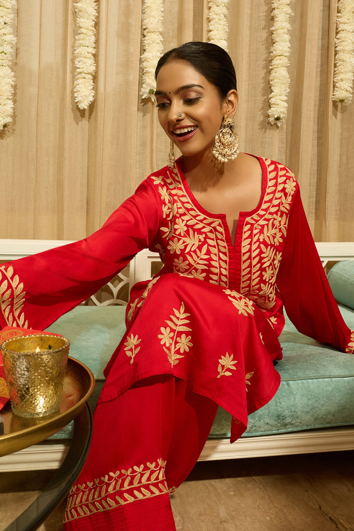 Kashmiri Aari Embroidered Kurta Set with Farsi Pants in Red Satin Silk