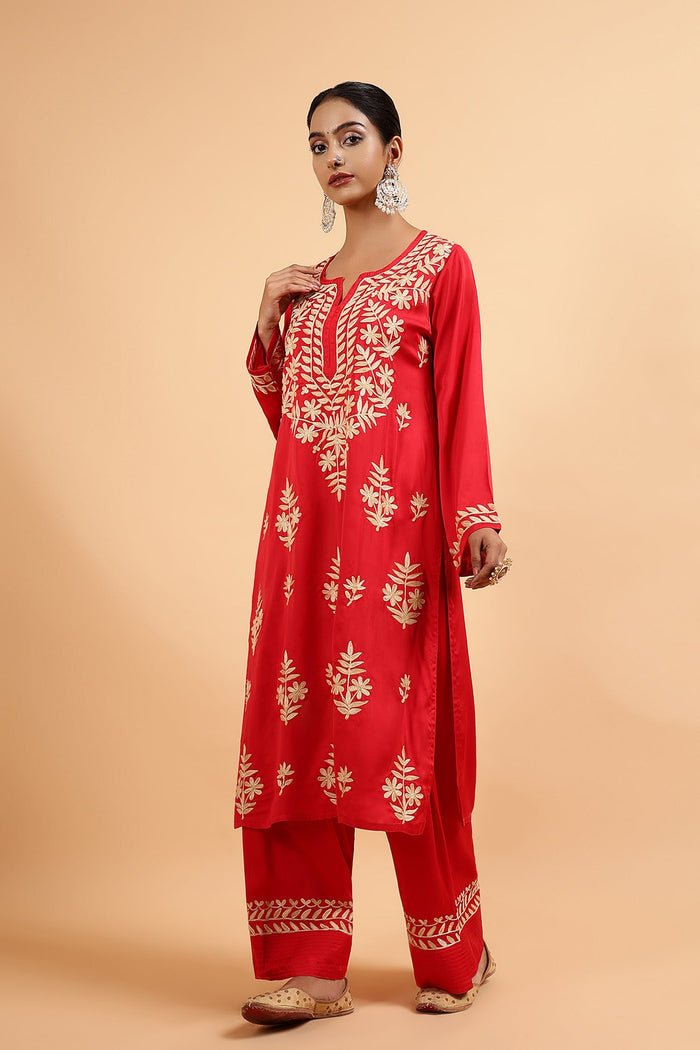 Kashmiri Aari Embroidered Kurta Set with Farsi Pants in Red Satin Silk