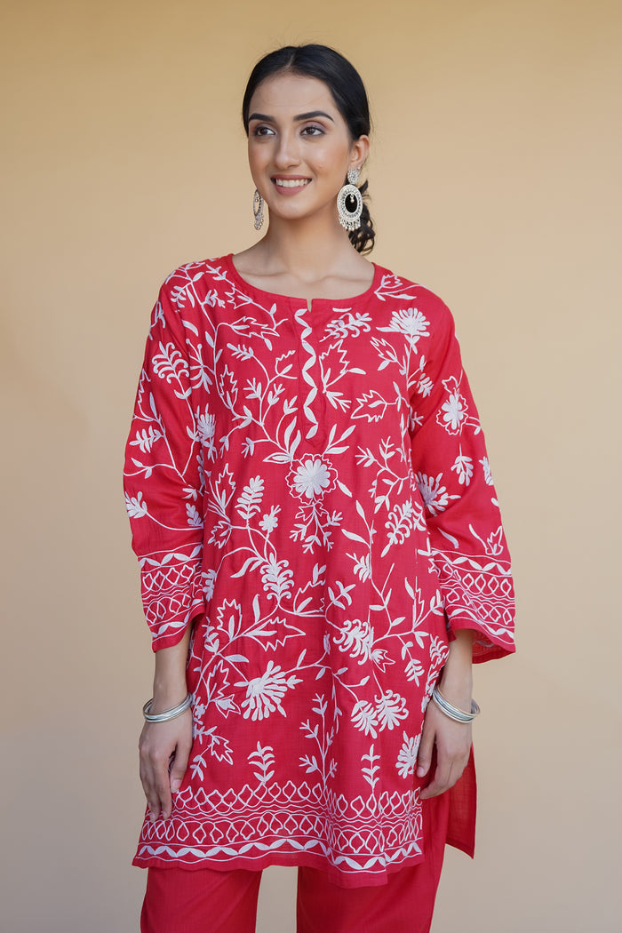 Kashmiri Aari Work Cotton Kurta Set - Red With White