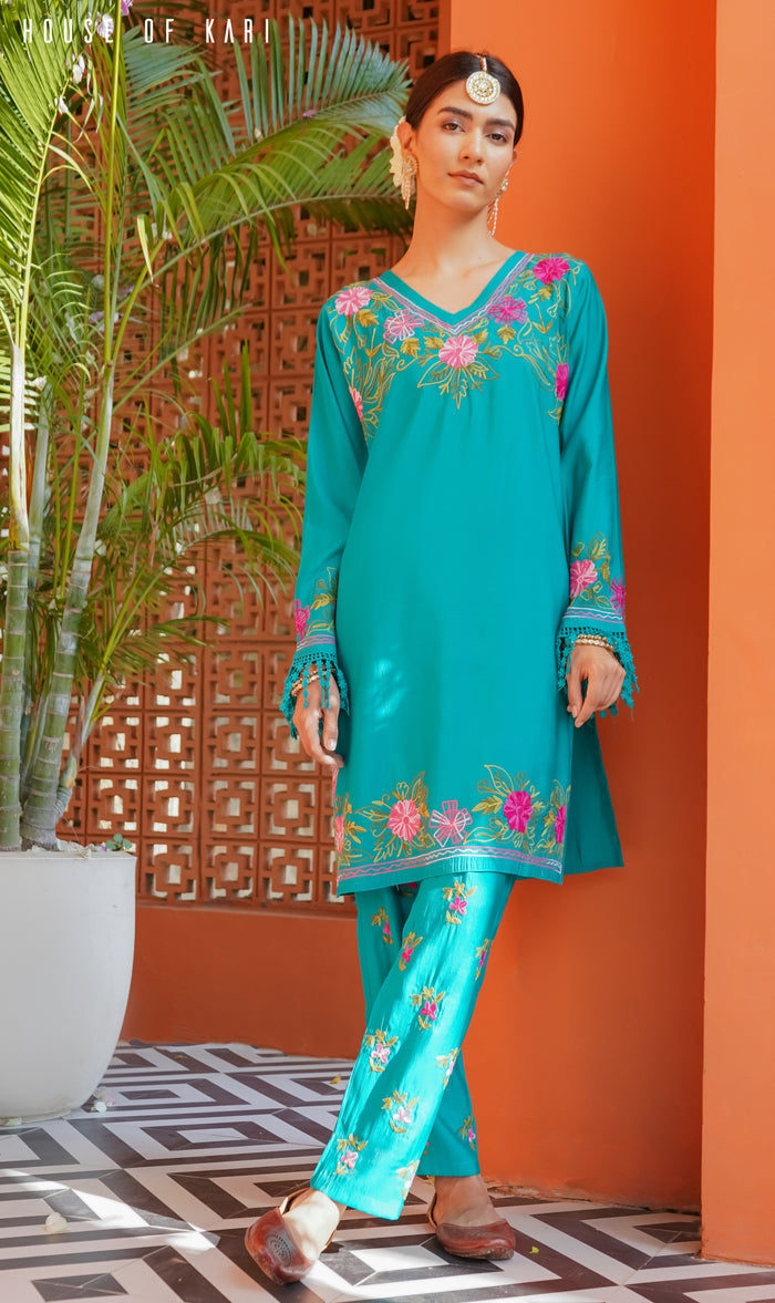 Kashmiri Aari Work Cotton Kurta Set - Tourquise Green
