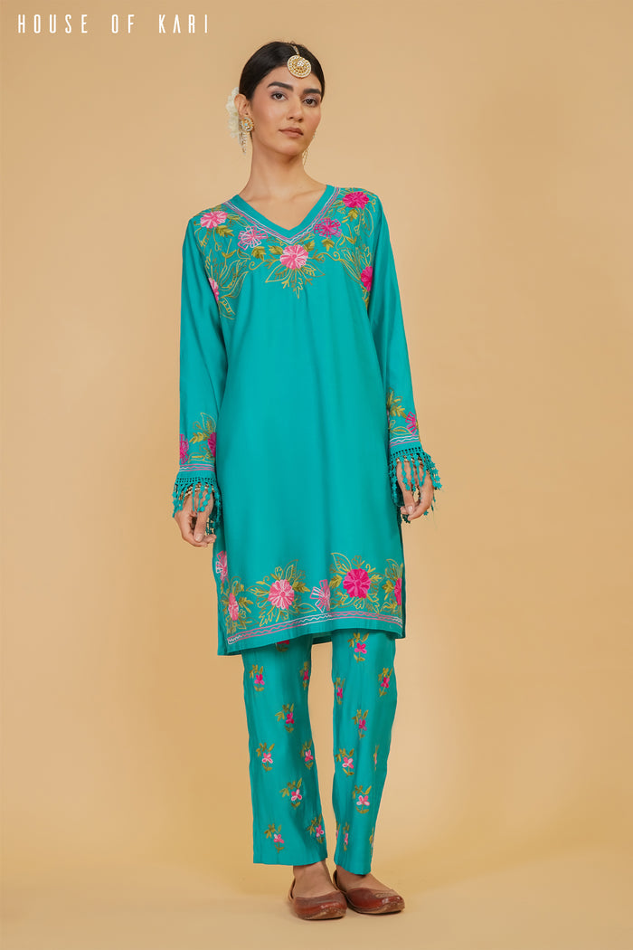 Kashmiri Aari Work Cotton Kurta Set - Tourquise Green