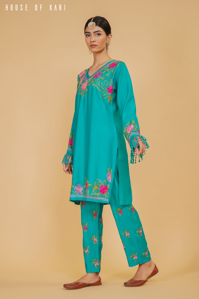 Kashmiri Aari Work Cotton Kurta Set - Tourquise Green