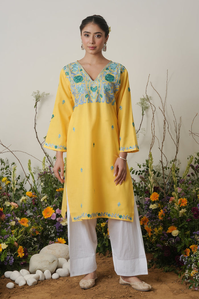 Kashmiri Aari Work Long Kurta – Yellow