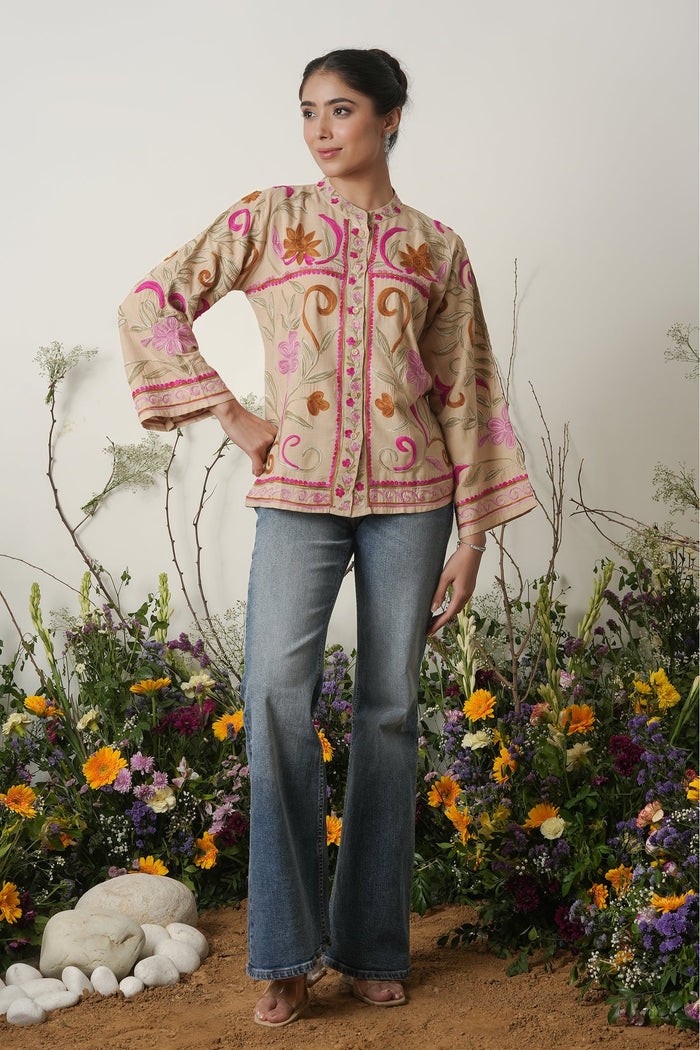 Kashmiri Jacket With Aari Work Cotton  – Beige