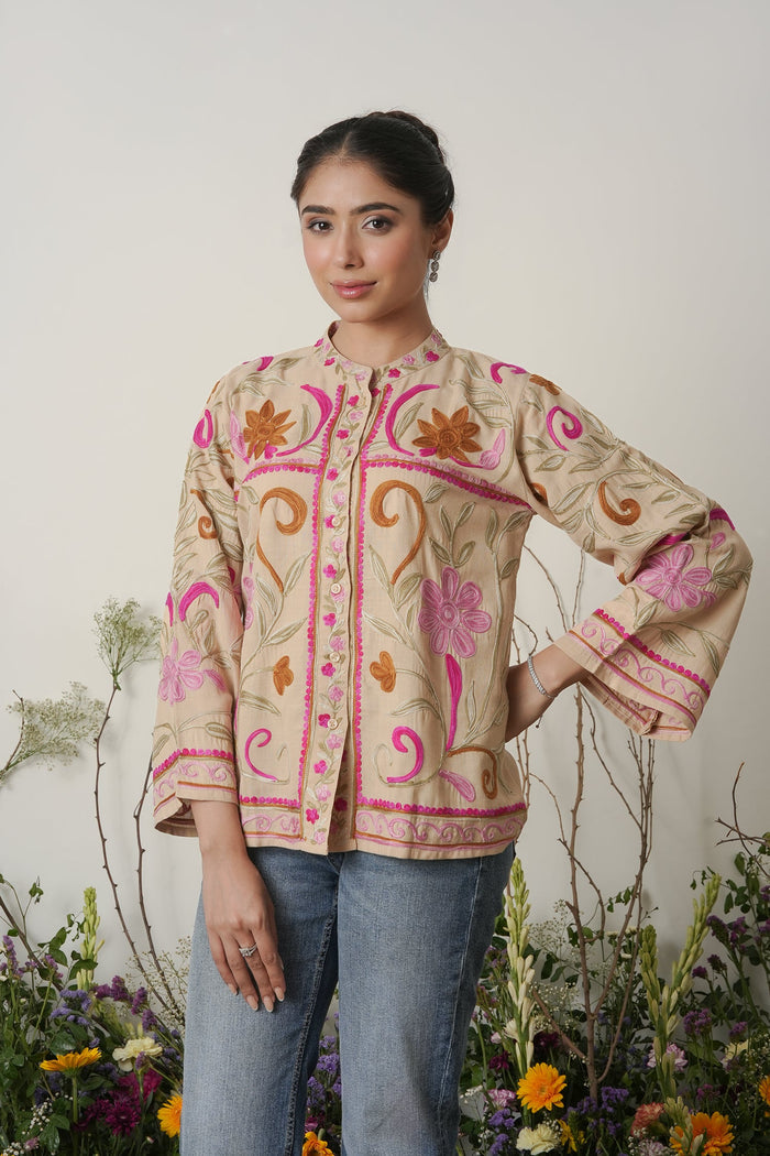 Kashmiri Jacket With Aari Work Cotton  – Beige