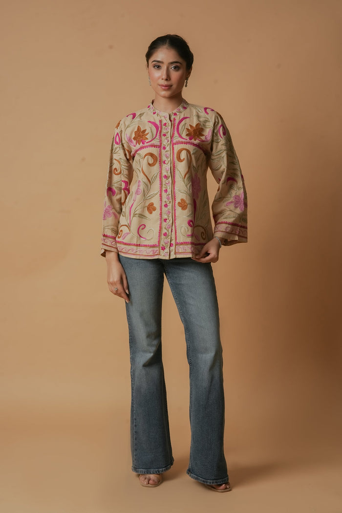 Kashmiri Jacket With Aari Work Cotton  – Beige