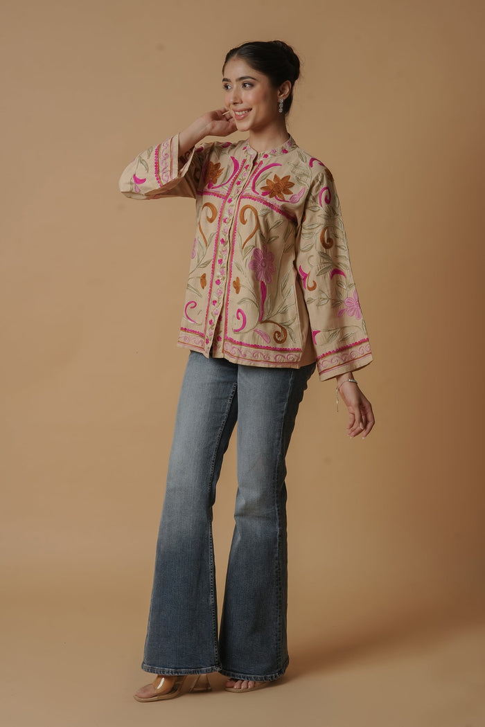 Kashmiri Jacket With Aari Work Cotton  – Beige