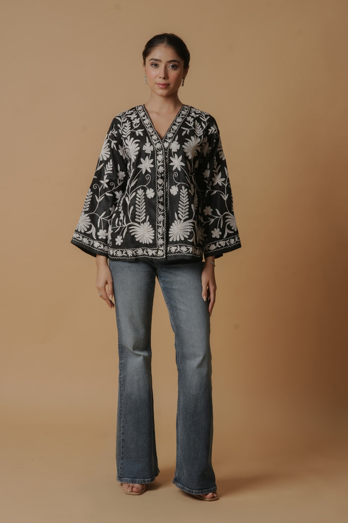 Kashmiri Jacket With Aari Work Cotton  – Black
