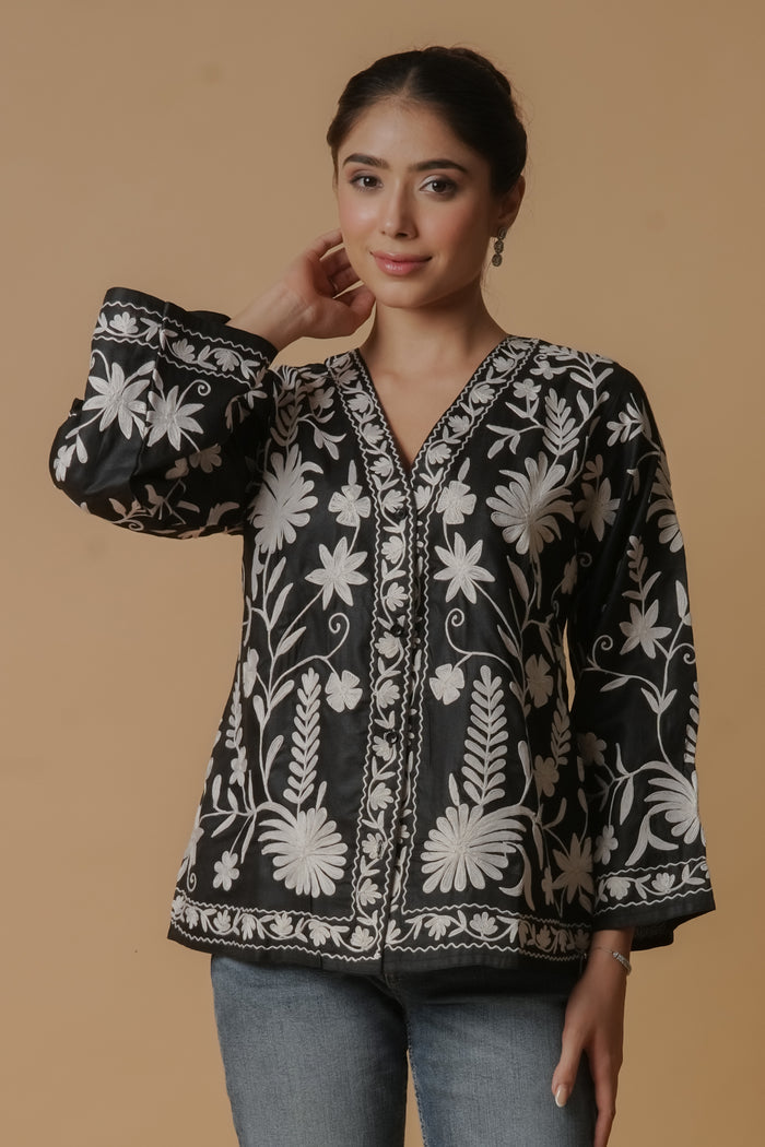 Kashmiri Jacket With Aari Work Cotton  – Black